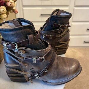 Freebird Crue Grey Multi Leather Ankle Boots with Straps.  New, never worn.